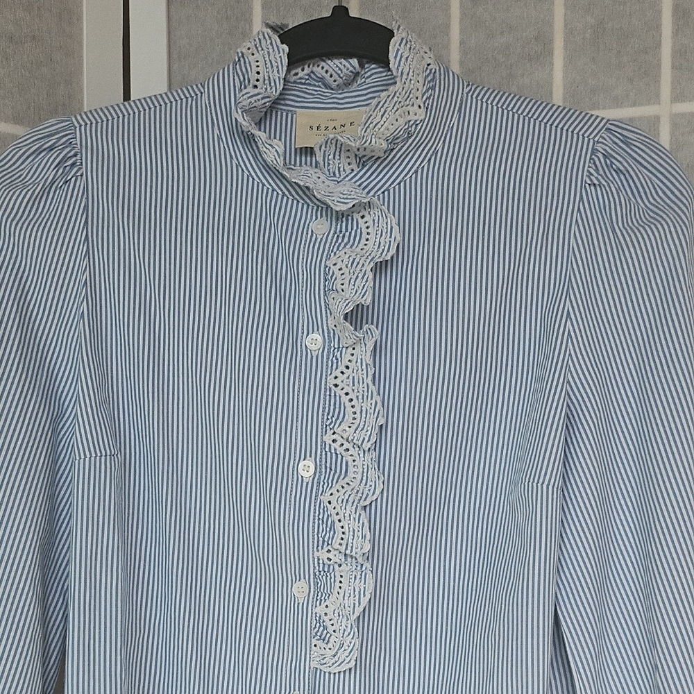 Navy Striped Women's Blouse with Ruffle Detail - Picture 4 of 11
